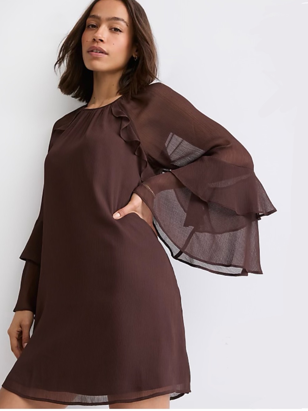 LOFT Chocolate Brown Ruffle Bell-Sleeve Shift Dress